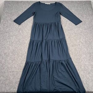 Peruvian Connection Blue Pima Stretch Long Sleeve Tiered Maxi Dress Women Size S